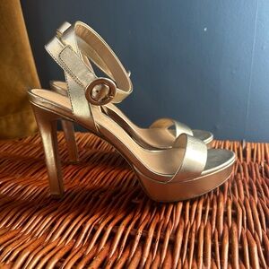 Veronica Beard Darcelle Buckle Ankle Strap Gold Heels